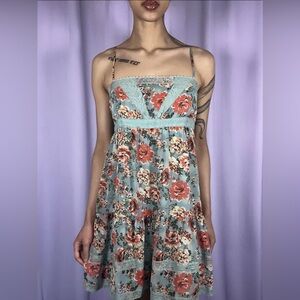 Teal & Orange Floral Spaghetti Strap Sundress Womens Size S Lace Accent Coquette
